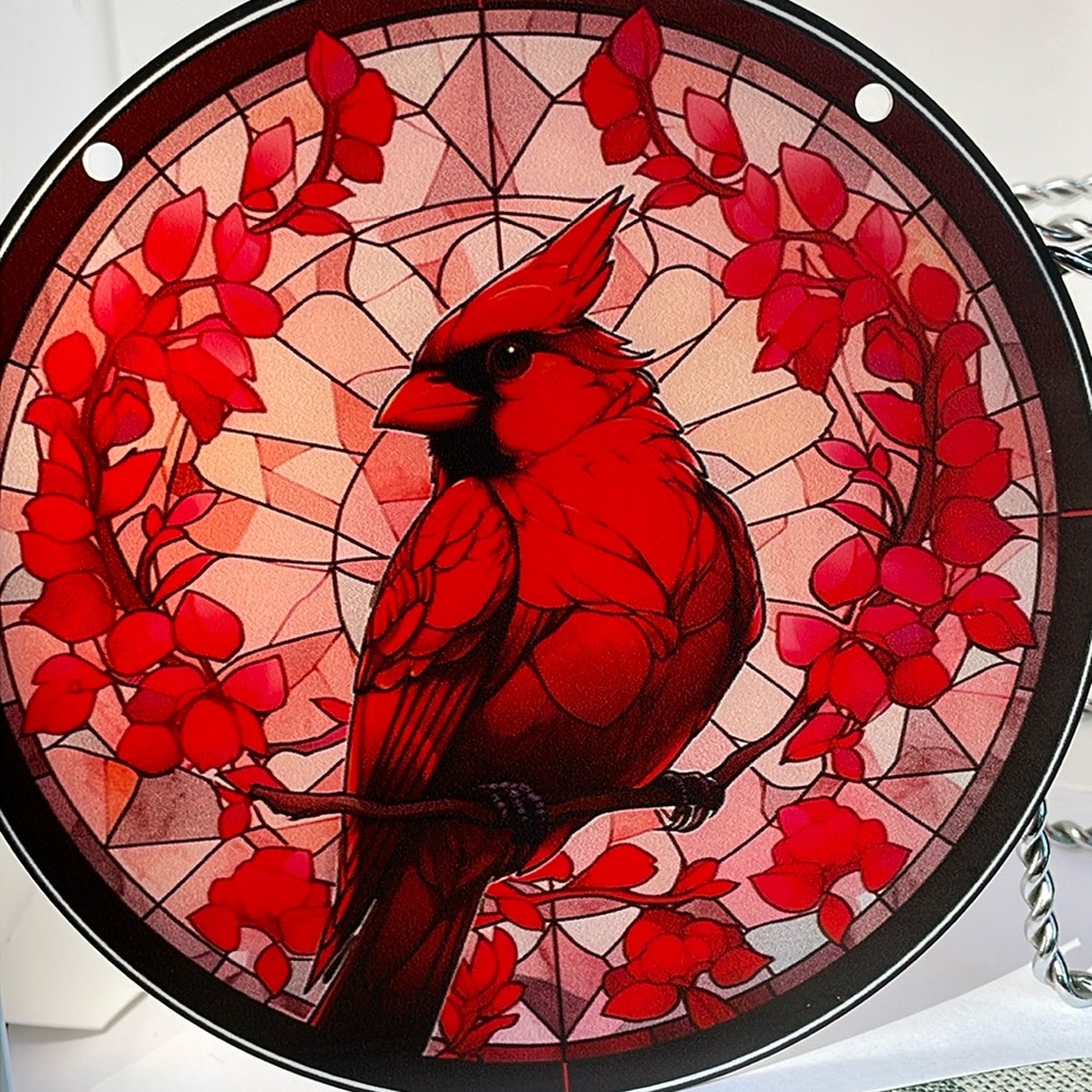 Red Cardinal Faux Stained Glass Acrylic Suncatcher Bird Animal Red Leaves Decor